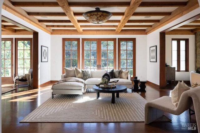 living room with beamed ceiling, dark hardwood / wood-style flooring, and a wealth of natural light