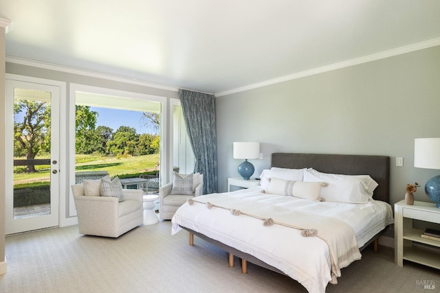 bedroom with crown molding, carpet flooring, and access to outside