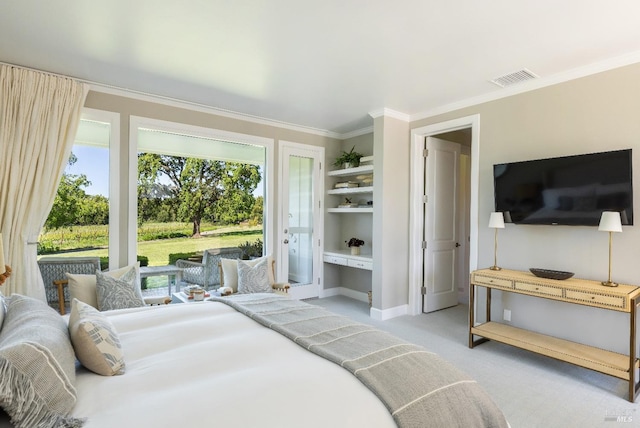 bedroom featuring ornamental molding and light carpet