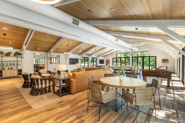 dining area featuring hardwood / wood-style flooring, lofted ceiling with beams, and wooden ceiling