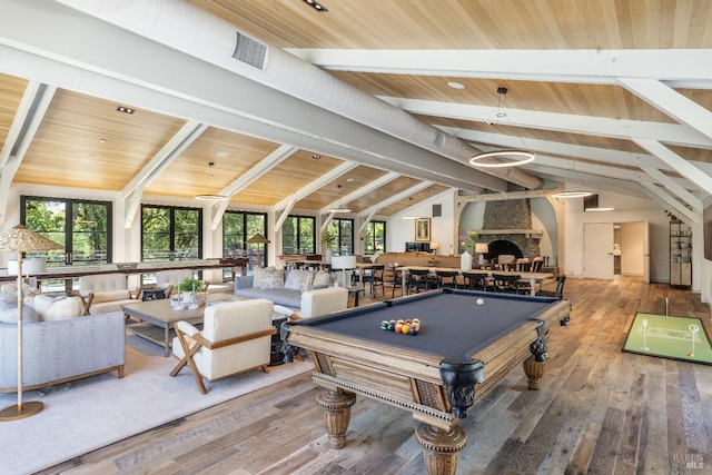 rec room featuring hardwood / wood-style flooring, plenty of natural light, wood ceiling, and beam ceiling