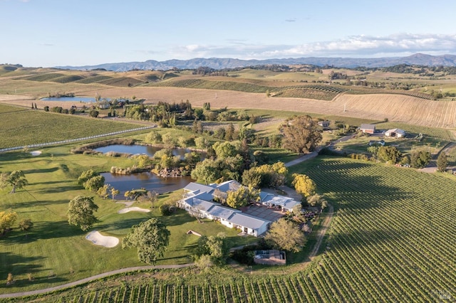 birds eye view of property with a water and mountain view and a rural view