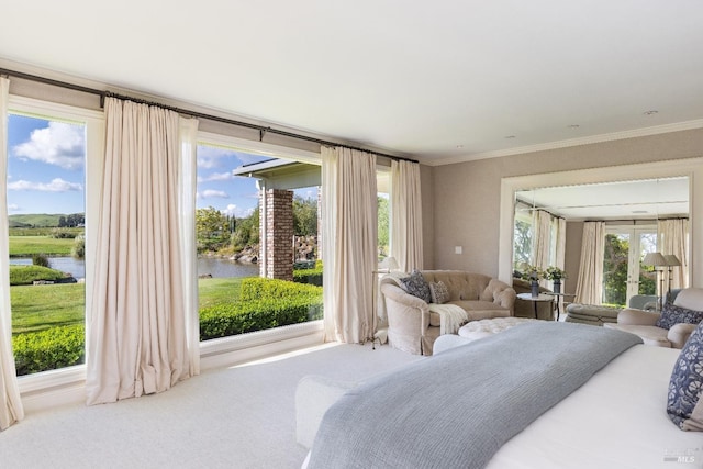 bedroom featuring crown molding, a water view, light carpet, and access to exterior