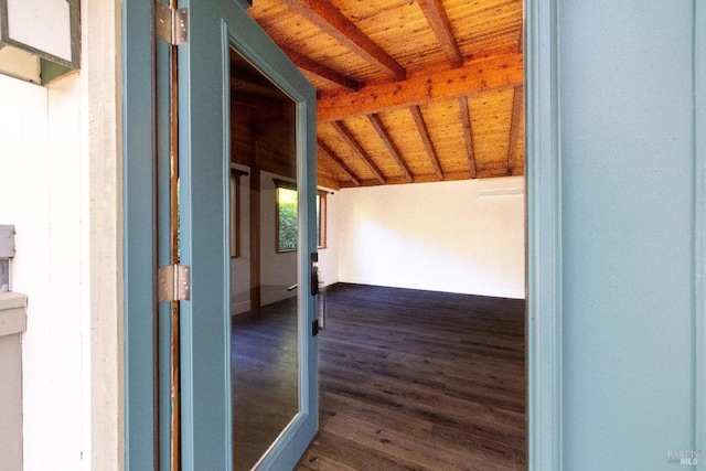 corridor featuring lofted ceiling with beams, wood finished floors, and wooden ceiling