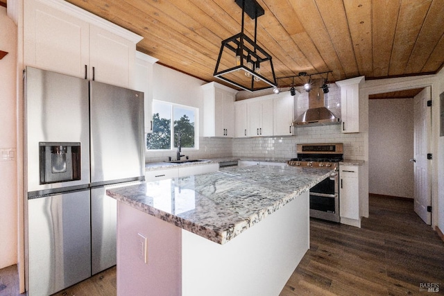 kitchen with stainless steel appliances, wooden ceiling, wall chimney range hood, backsplash, and a center island