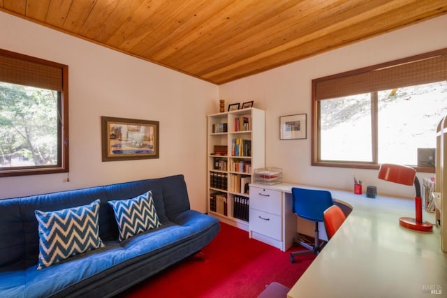 office area featuring a healthy amount of sunlight, carpet floors, and wooden ceiling