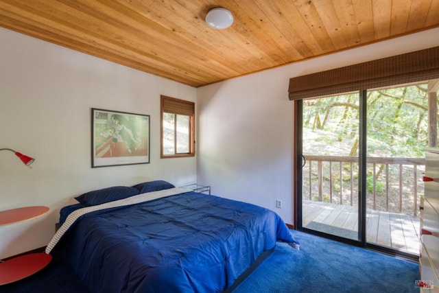 carpeted bedroom with wooden ceiling and access to outside