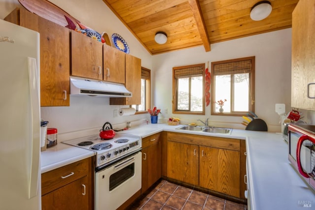 kitchen with sink, vaulted ceiling with beams, white appliances, wood ceiling, and dark tile patterned flooring