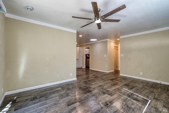 unfurnished room with ornamental molding, ceiling fan, and dark hardwood / wood-style floors