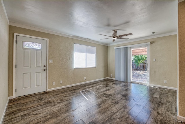 foyer with ceiling fan, dark hardwood / wood-style flooring, and ornamental molding