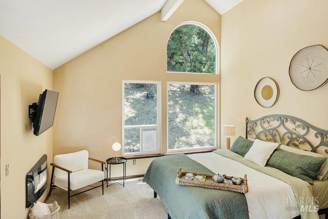 carpeted bedroom featuring multiple windows, high vaulted ceiling, and beam ceiling