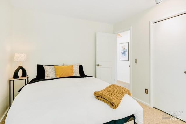 carpeted bedroom with baseboards and a closet