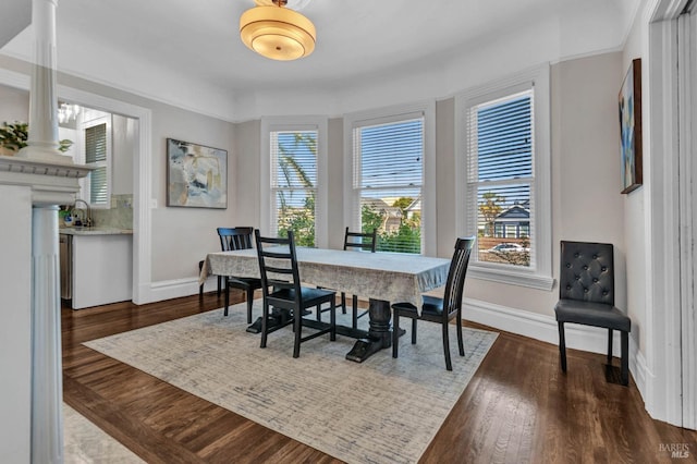 dining area featuring dark wood-style floors and baseboards