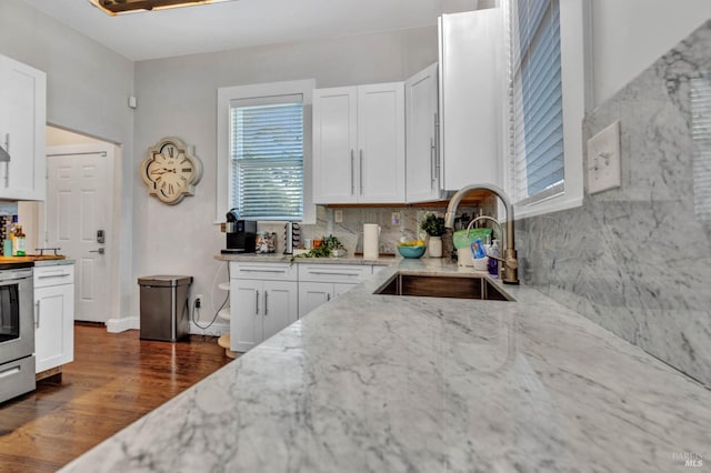 kitchen with light stone counters, a sink, white cabinets, decorative backsplash, and dark wood finished floors