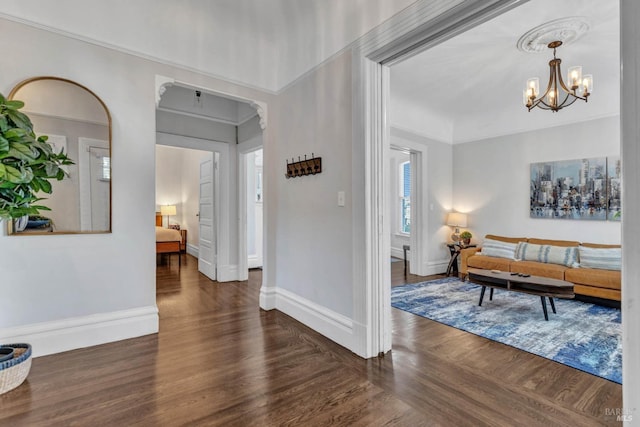 interior space featuring baseboards, an inviting chandelier, and wood finished floors