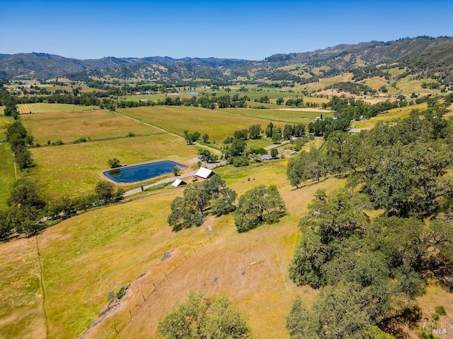 birds eye view of property featuring a mountain view and a rural view