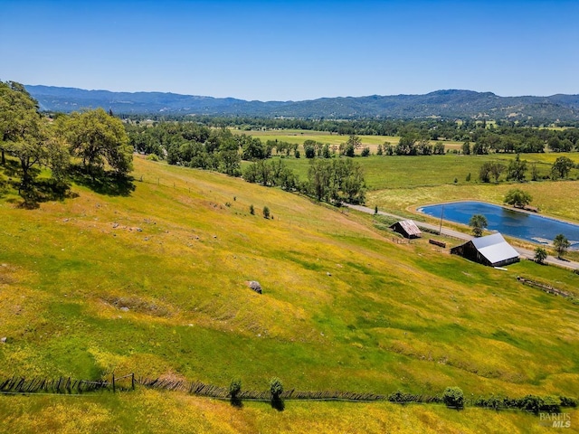 birds eye view of property featuring a rural view and a water and mountain view