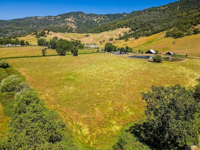 birds eye view of property featuring a mountain view and a rural view