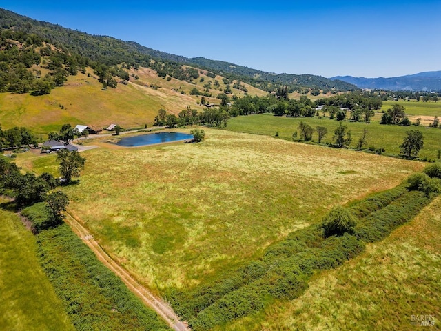 bird's eye view with a water and mountain view and a rural view