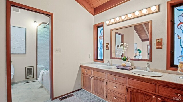 bathroom with wooden ceiling, heating unit, lofted ceiling, toilet, and vanity