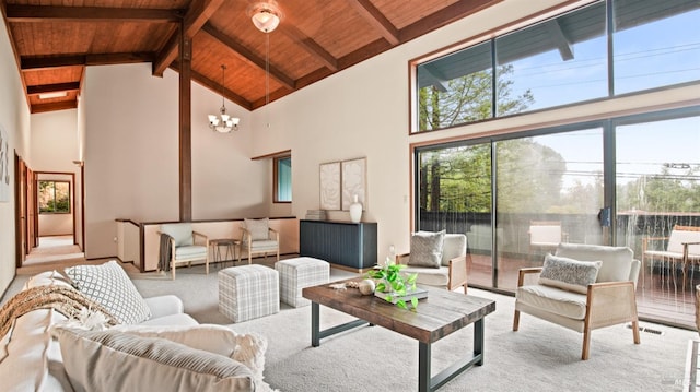 living room featuring light carpet, an inviting chandelier, high vaulted ceiling, wooden ceiling, and beamed ceiling