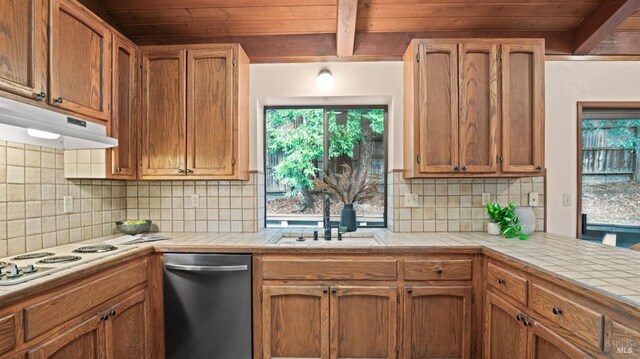 kitchen with decorative backsplash, tile countertops, plenty of natural light, and sink