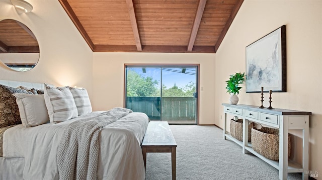 carpeted bedroom with lofted ceiling with beams, access to exterior, and wooden ceiling