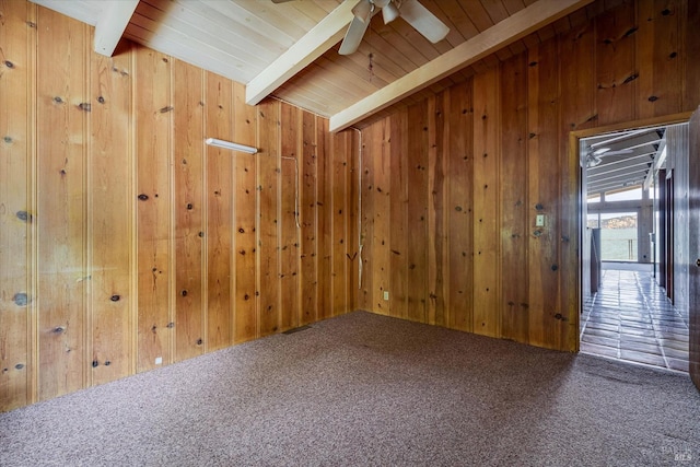 additional living space with carpet flooring and wood walls