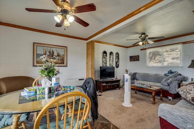 living area featuring concrete block wall, crown molding, carpet flooring, ceiling fan, and a textured ceiling