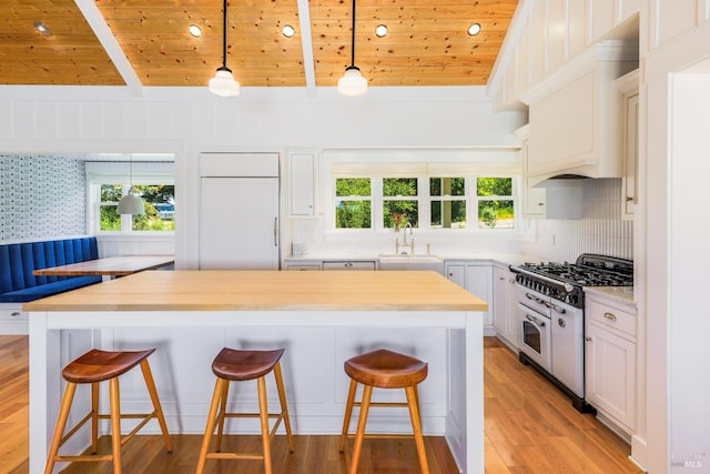 kitchen with wooden ceiling, tasteful backsplash, high quality appliances, and plenty of natural light