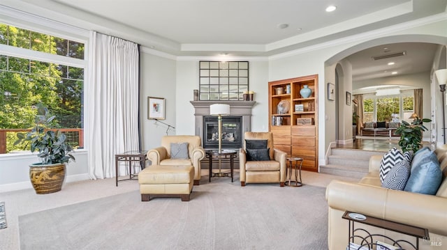 living area with a raised ceiling, ornamental molding, and carpet flooring