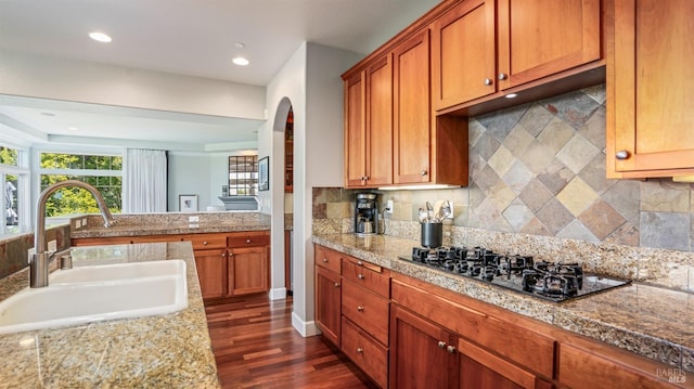 kitchen with black gas stovetop, backsplash, dark hardwood / wood-style flooring, and sink