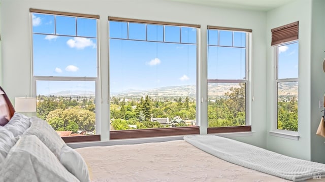 bedroom with multiple windows and a mountain view