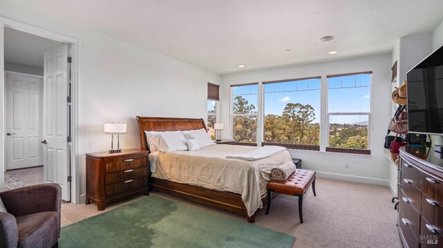 bedroom featuring light carpet