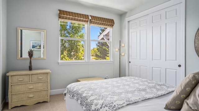 bedroom featuring a closet and light carpet