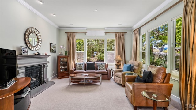 living room with light carpet and crown molding