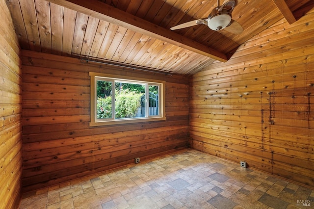 unfurnished room featuring lofted ceiling with beams, wood walls, wood ceiling, and ceiling fan