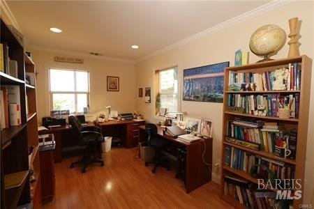 home office with recessed lighting, crown molding, and wood finished floors