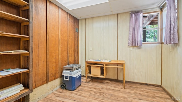 basement featuring wooden walls and light wood-style floors