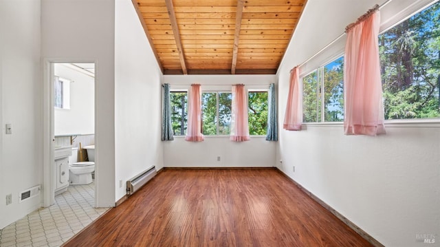 interior space featuring visible vents, light wood-style flooring, lofted ceiling with beams, a baseboard heating unit, and wood ceiling