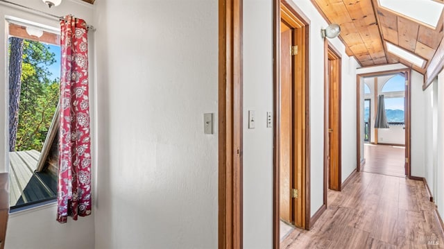 corridor with vaulted ceiling with skylight, plenty of natural light, and light wood-style flooring