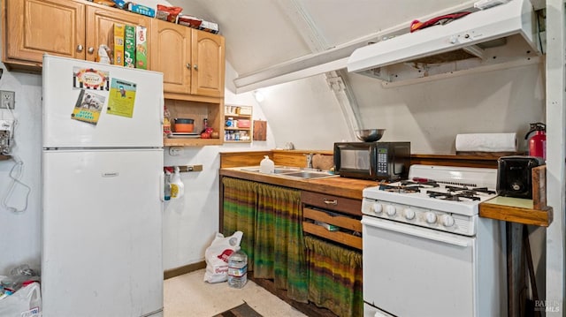 kitchen with light countertops, white appliances, a sink, and under cabinet range hood