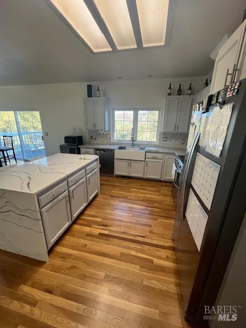 kitchen with light stone counters, a healthy amount of sunlight, light wood-style flooring, and black appliances