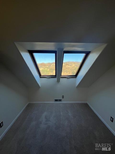 additional living space with carpet floors, a skylight, baseboards, and visible vents