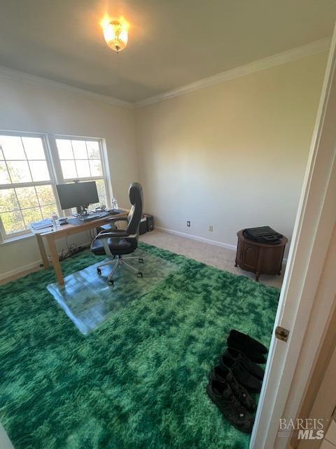 carpeted office with baseboards and crown molding