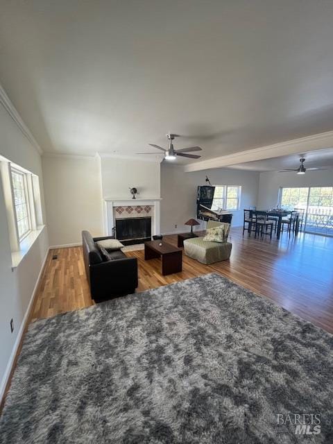 living room with ornamental molding, a glass covered fireplace, ceiling fan, and wood finished floors