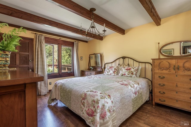 bedroom featuring beamed ceiling and dark hardwood / wood-style flooring