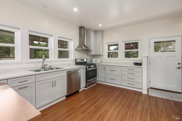 kitchen with appliances with stainless steel finishes, light hardwood / wood-style flooring, wall chimney exhaust hood, and a healthy amount of sunlight