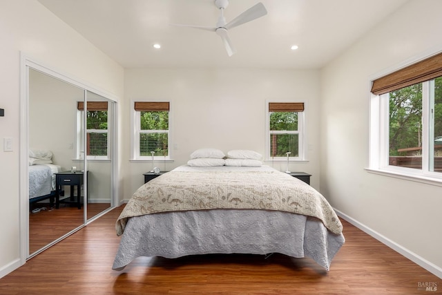 bedroom featuring multiple windows, wood-type flooring, a closet, and ceiling fan