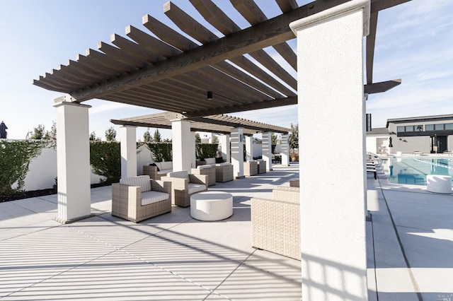 view of terrace featuring outdoor lounge area, a pergola, and a fenced in pool